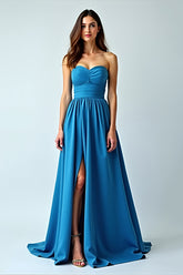 Blaues Trägerloses Langes Satin Hochzeitsgastkleid in A-Linie mit Schlitz
